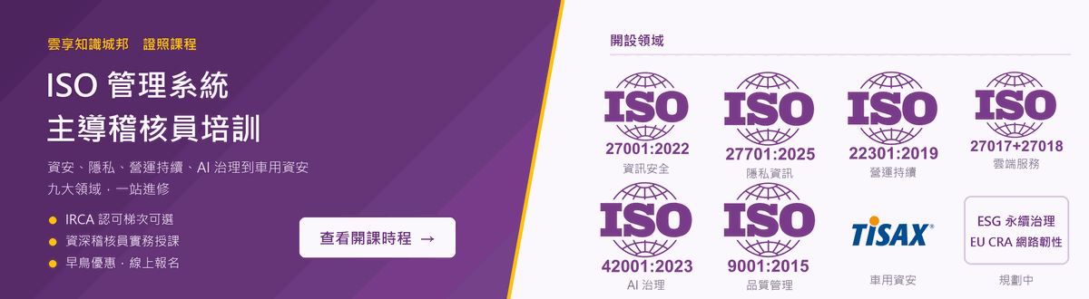 ISO 管理系統主導稽核員培訓－資安、隱私、營運持續、AI 治理到車用資安